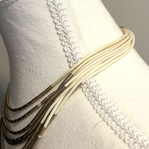 LOFT Ann Taylor Gold Tone Bar Beads Cream Multi Strand Choker Necklace - Picture 4 of 10